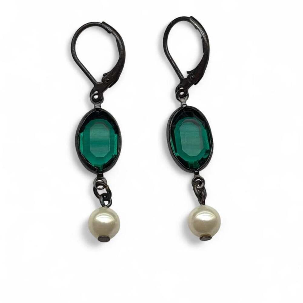 Unbranded Emerald Green Crystal & Pearl Drop Earrings Black Metal